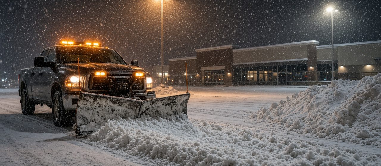 A dark pickup with amber lights and a front plow blade pushing snow across a parking lot at night, with tall pole lights, a storefront building and a snow pile behind it, in Grand Rapids, Michigan