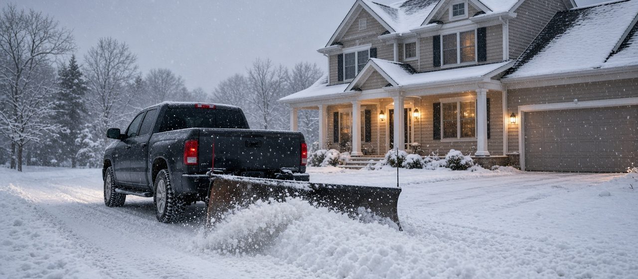 A dark pickup with a plow blade at its rear pushing snow down a driveway in front of a two-story house with lit windows and snow on the roof, in Grand Rapids, Michigan