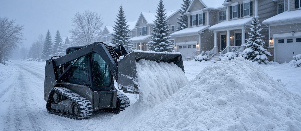 A tracked skid steer pushing snow into a tall pile beside a residential street lined with two-story houses and evergreen trees in falling snow, in Grand Rapids, Michigan