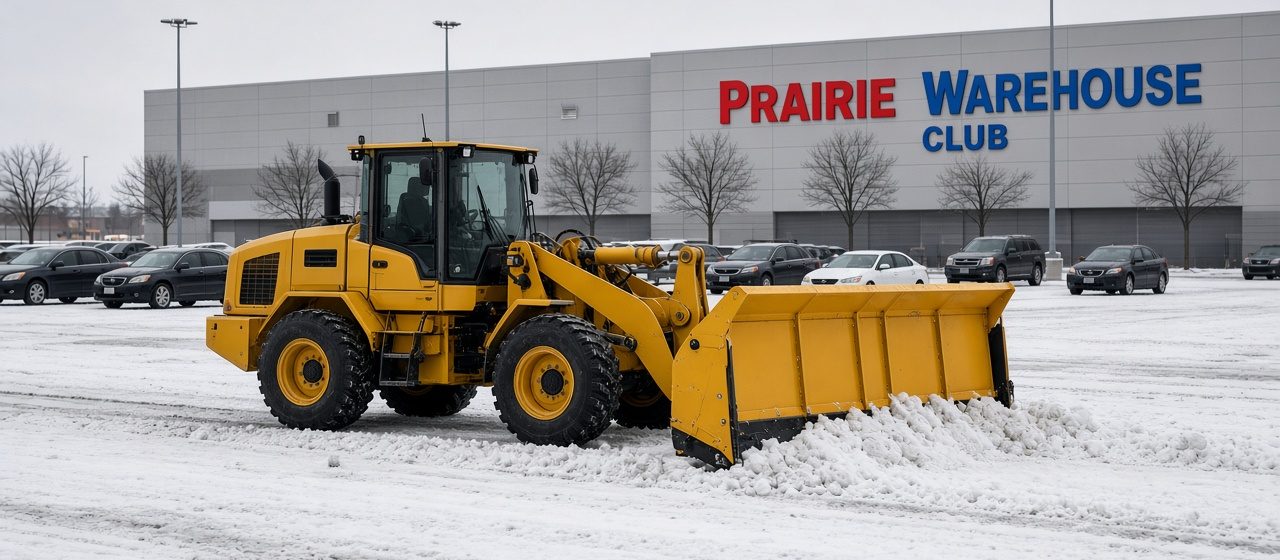 A yellow wheel loader with a yellow snow pusher clearing a snowy store parking lot, with parked cars and bare trees in front of a big warehouse store, in Grand Rapids, Michigan