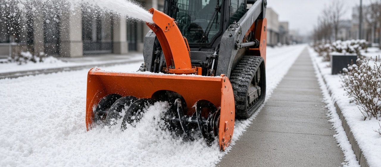 An orange snow blower attachment on a tracked loader throwing snow beside a long cleared sidewalk, in Grand Rapids, Michigan