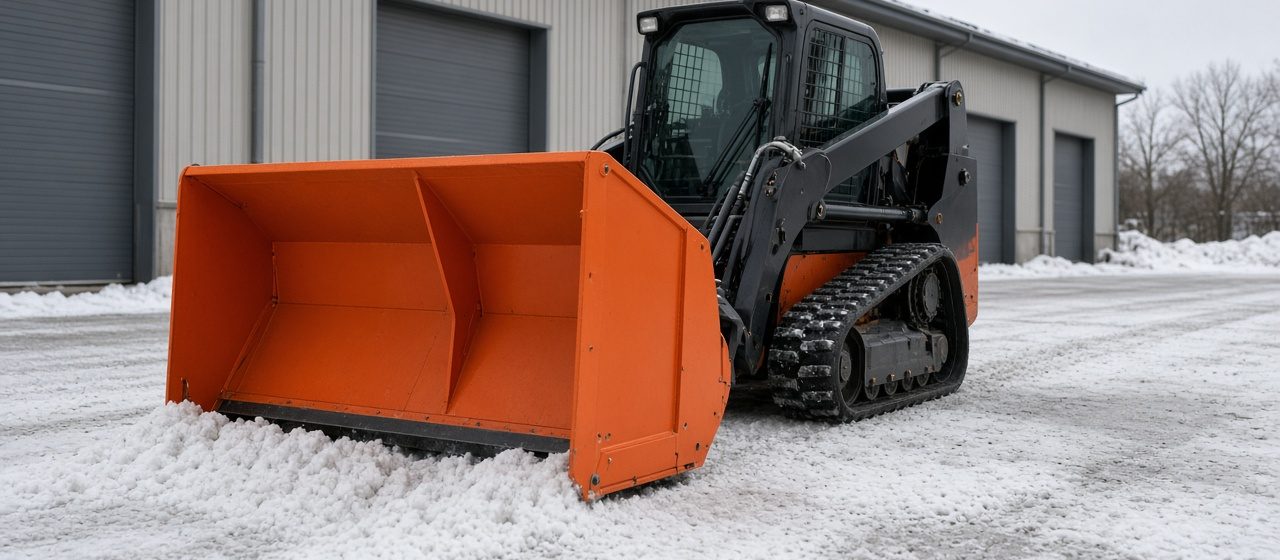 An orange snow pusher with tall side panels on a black tracked loader in front of a metal warehouse, in Grand Rapids, Michigan