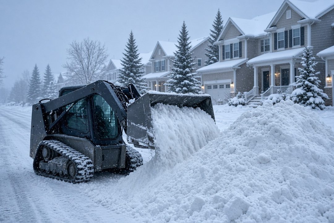 A tracked skid steer pushing snow into a tall pile beside a residential street lined with two-story houses and evergreen trees in falling snow, in Grand Rapids, Michigan