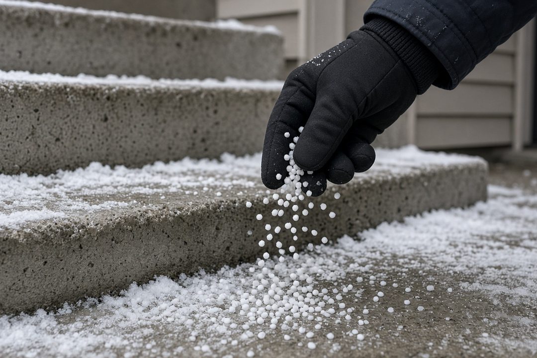 A gloved hand scattering white ice melt pellets onto snowy concrete steps, in Grand Rapids, Michigan