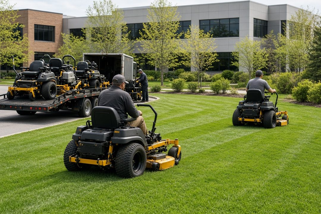 Landscape workers on yellow and black zero-turn mowers cutting a green lawn at an office park, with a trailer of mowers behind them, in Grand Rapids, Michigan