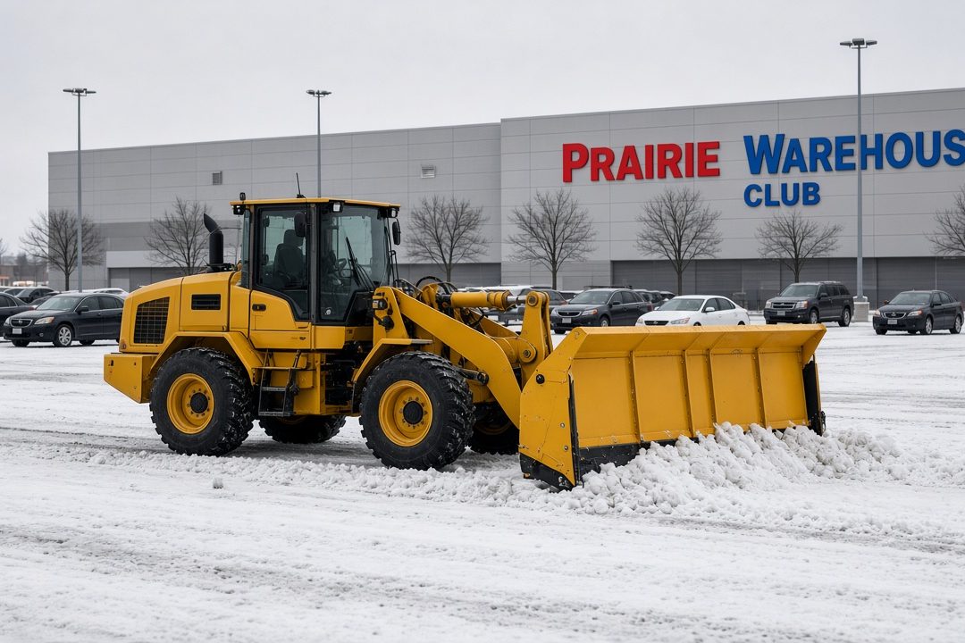 A yellow wheel loader with a yellow snow pusher clearing a snowy store parking lot, with parked cars and bare trees in front of a big warehouse store, in Grand Rapids, Michigan