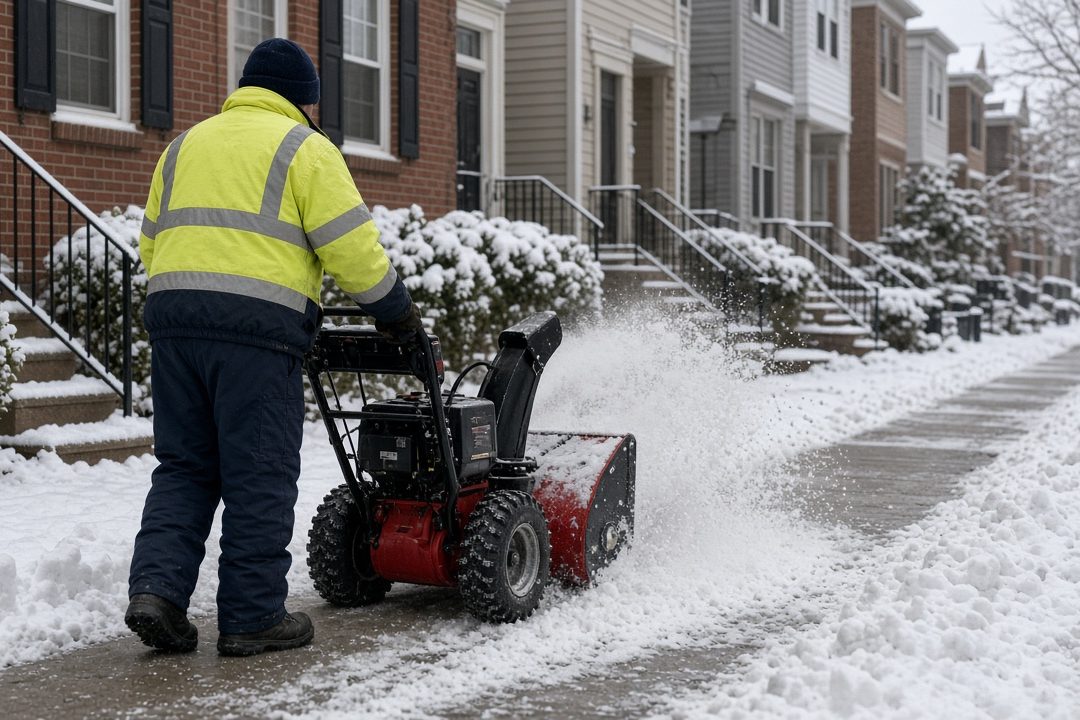 A worker in a yellow high-visibility jacket clearing a snowy sidewalk with a red two-stage snow blower in front of a row of brick townhomes, in Grand Rapids, Michigan