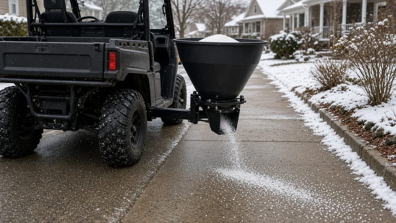 A black cone-shaped spreader on the back of a utility vehicle spreading salt on a sidewalk, in Grand Rapids, Michigan