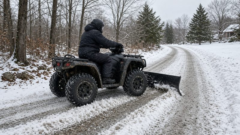 A rider on an ATV with a front plow blade clearing a snowy gravel lane through the woods, in Grand Rapids, Michigan