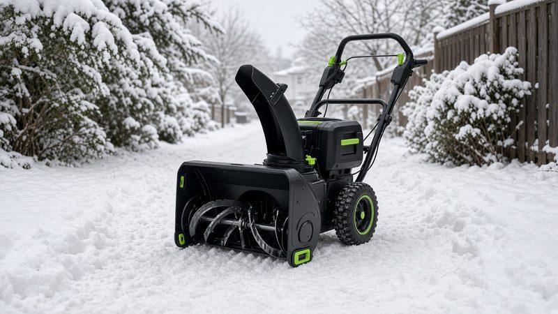 A black battery-powered two-stage snow blower with green trim on a snowy path between snow-covered shrubs and a fence, in Grand Rapids, Michigan