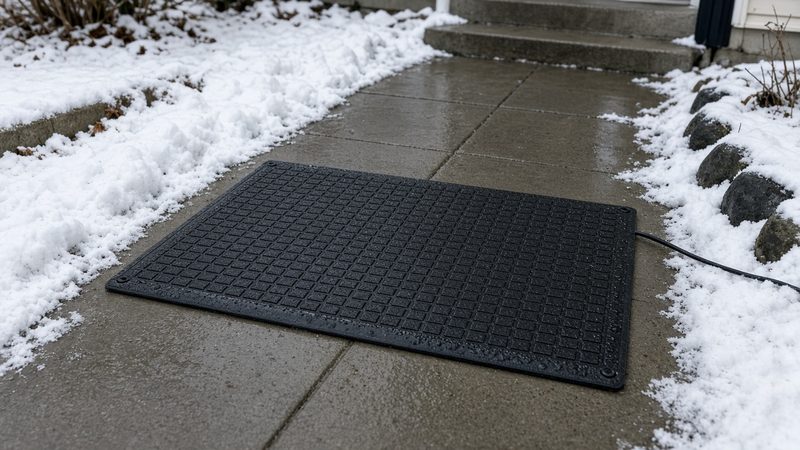 A black rubber mat on a wet, clear concrete walkway with snow on both sides and a cord running off the side, in Grand Rapids, Michigan