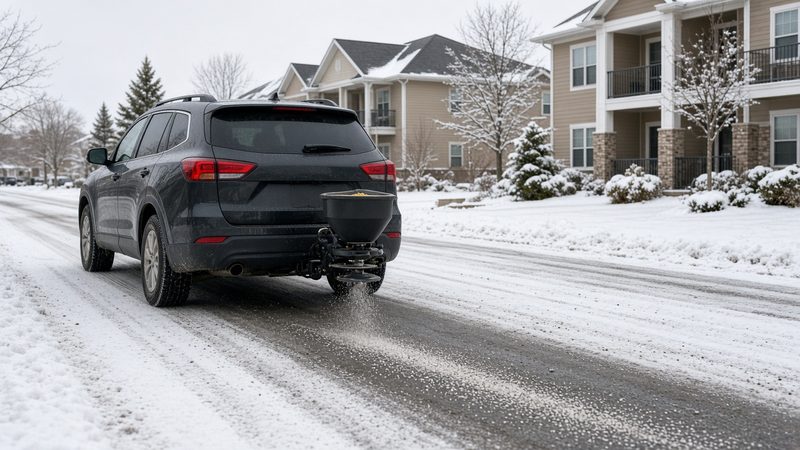 A dark SUV with a small black salt spreader on its rear hitch spreading salt on a snowy street by apartment buildings, in Grand Rapids, Michigan