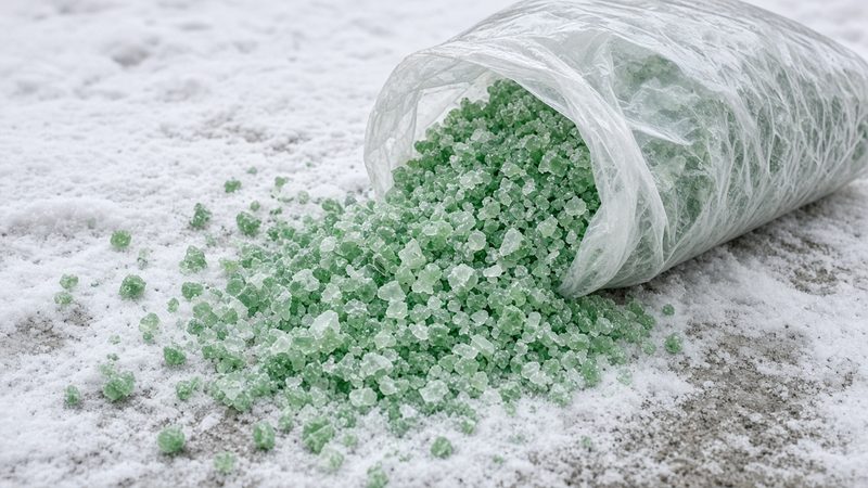 A clear bag of green ice melt crystals spilling onto snowy ground, in Grand Rapids, Michigan
