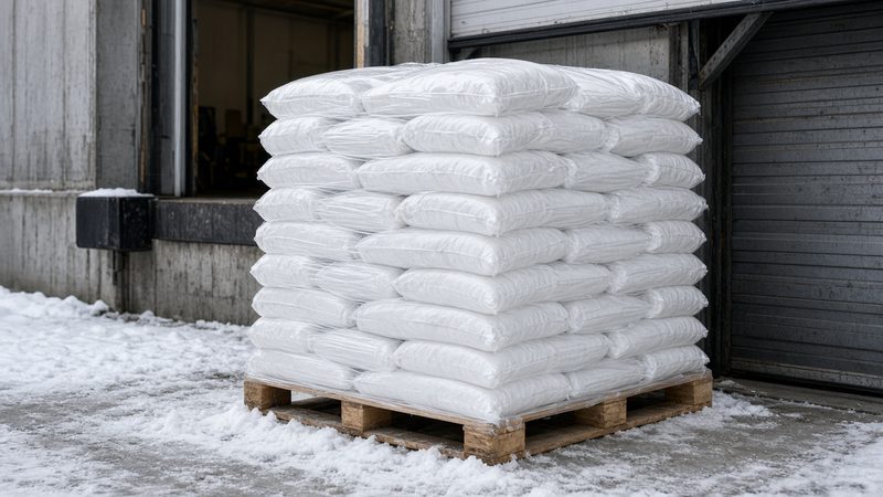 A wooden pallet stacked with plain white bags beside a loading dock door, in Grand Rapids, Michigan