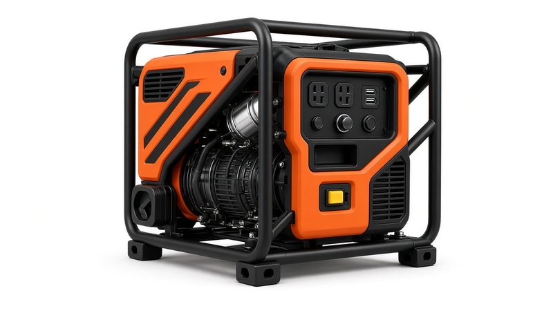 An orange and black open-frame inverter generator in a black tube frame, in Grand Rapids, Michigan