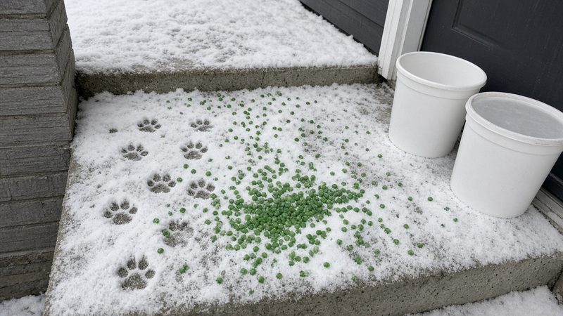 Green ice melt pellets and paw prints on a snowy front step, with two plain white tubs by the door, in Grand Rapids, Michigan