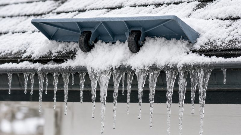 A blue-gray roof rake head with two wheels on a snowy roof edge above a row of icicles, in Grand Rapids, Michigan