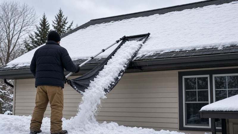 A person on the ground pulling a sheet of snow off a house roof with a long roof rake and fabric slide, in Grand Rapids, Michigan