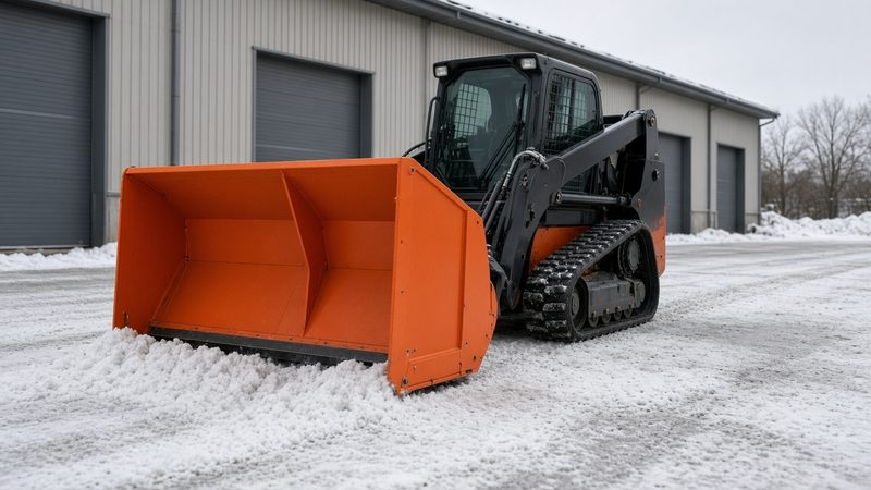 An orange snow pusher with tall side panels on a black tracked loader in front of a metal warehouse, in Grand Rapids, Michigan