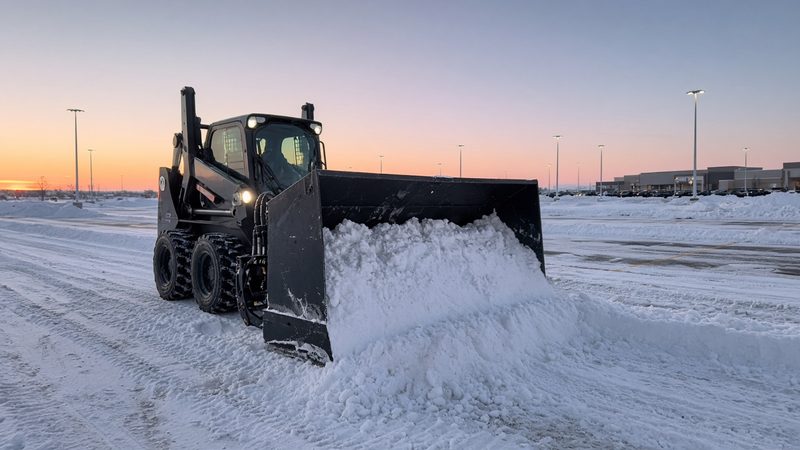 A black snow pusher box on a wheeled skid steer pushing snow across a big parking lot at dawn, in Grand Rapids, Michigan