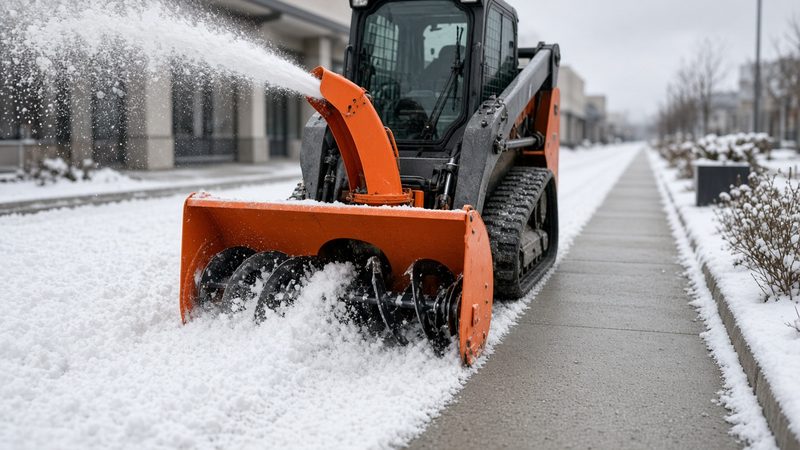 An orange snow blower attachment on a tracked loader throwing snow beside a long cleared sidewalk, in Grand Rapids, Michigan