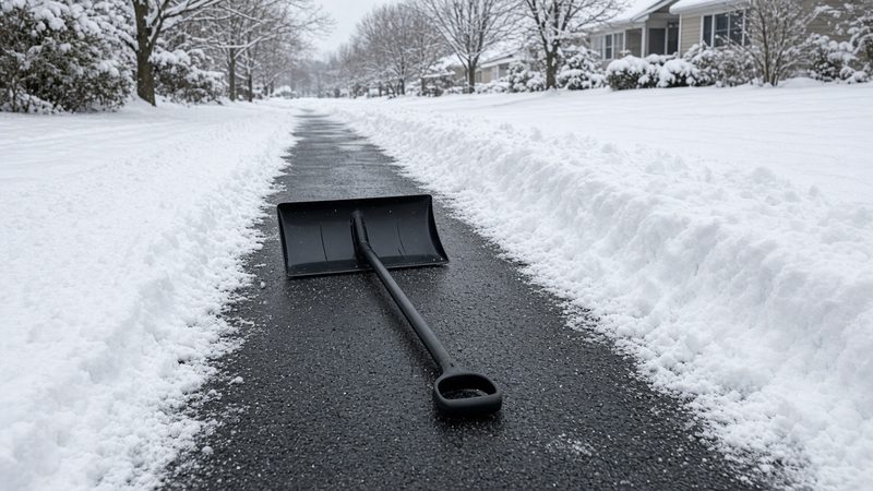 A black snow pusher lying on a freshly cleared strip of driveway between snowbanks, in Grand Rapids, Michigan