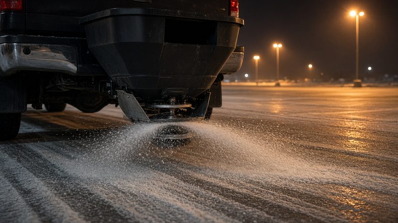 A black tailgate hopper on the back of a truck spreading salt across a parking lot at night, in Grand Rapids, Michigan