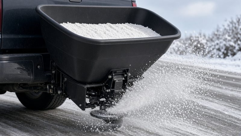 A black hopper full of salt on the back of a truck, with a spinner throwing salt onto a snowy road, in Grand Rapids, Michigan