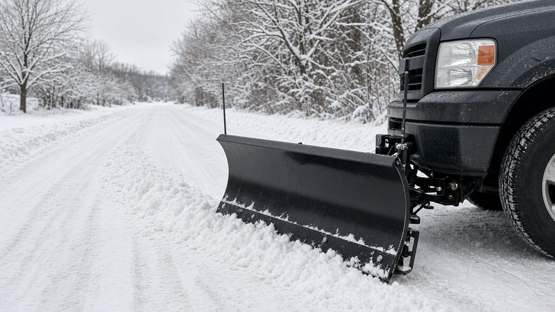 A black straight plow blade mounted on the front of a dark pickup on a snowy road, in Grand Rapids, Michigan