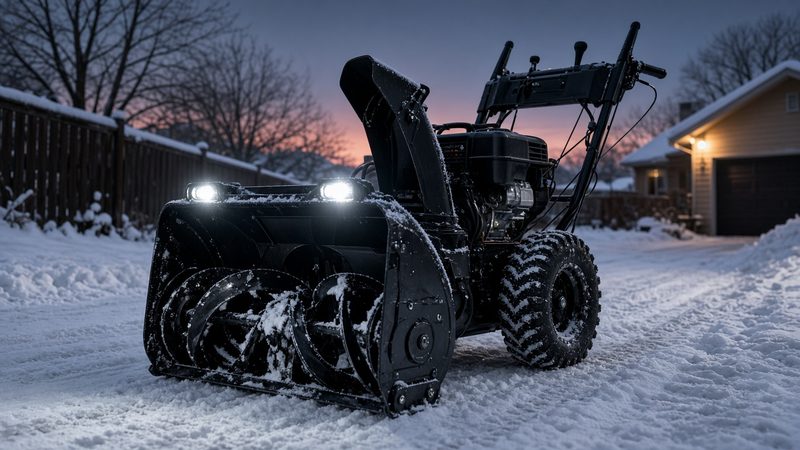 A black two-stage snow blower with its headlights on in a snowy driveway at dusk, in Grand Rapids, Michigan