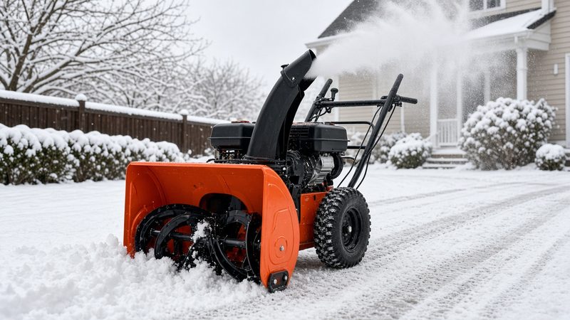 An orange two-stage snow blower throwing snow from its chute in a snowy front yard, in Grand Rapids, Michigan