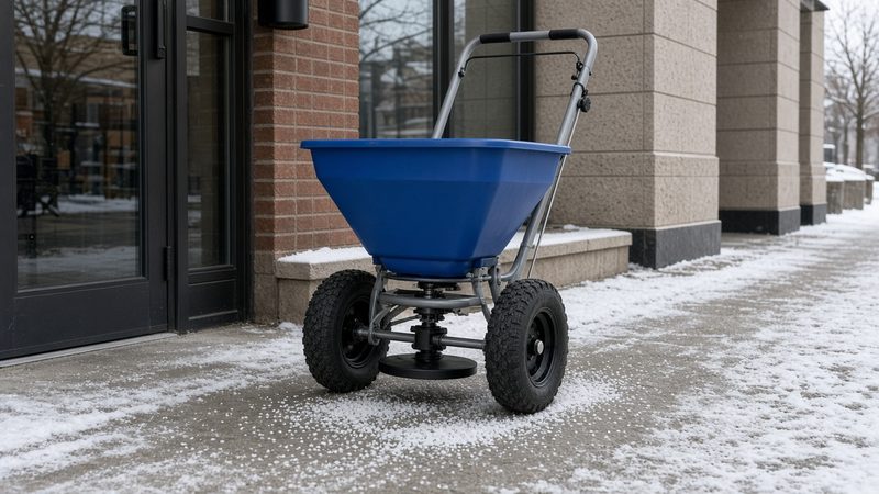 A blue walk-behind spreader with large tires on a salted storefront sidewalk, in Grand Rapids, Michigan